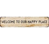 SMAZDFXX Bienvenue dans notre endroit heureux Plaque en étain Décoration de Noël Décoration murale rétro pour la maison Café Bar Drôle Plaque en aluminium 4x16 pouces