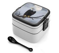 SMAZDFXX Boîte à bento double couche avec cuillère, compartiments séparés et poignée de transport pratique, motif pleine lune d'aigle, idéale pour le bureau et les pique-niques.