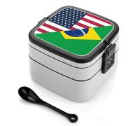 SMAZDFXX Boîte à bento double paroi étanche aux couleurs des États-Unis et du Brésil, avec cuillère à poignée, drapeau américain et brésilien