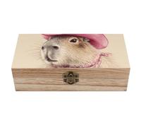 SMAZDFXX Boîte de rangement en bois avec couvercle à charnière pour bureau, motif capybara mignon portant un chapeau
