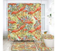 SMAZDFXX Ensemble de Salle de Bain Flamingo Cactus - Rideau de Douche 4 pièces et Tapis de Bain antidérapants, Housse de siège de Toilette et Tapis - Polyester imperméable, Motif Floral Tropical pour