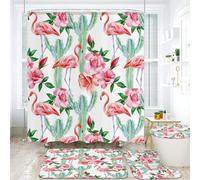 SMAZDFXX Ensemble de Salle de Bain Flamingo Cactus - Rideau de Douche 4 pièces et Tapis de Bain antidérapants, Housse de siège de Toilette et Tapis - Polyester imperméable, Motif Floral Tropical pour