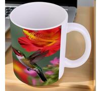 SMAZDFXX Mug en céramique blanche avec colibris, fleurs rouges et hibiscus, compatible lave-vaisselle et micro-ondes. l pour toute la famille. Personnalisable.