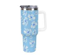 SMAZDFXX Mug isotherme avec paille, motif fleurs blanches et bleues, idéal pour le café et le thé. Maintien au chaud longue durée, en acier inoxydable avec couvercle étanche, 1,2 L (40 oz).