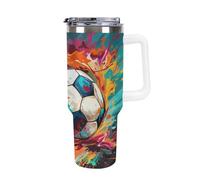 SMAZDFXX Mug isotherme de voyage en acier inoxydable, imprimé en 3D, motif football, étanche, pour boissons chaudes et froides, avec paille et goupillon de nettoyage (1,2 L).