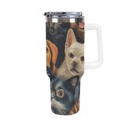 SMAZDFXX Mug isotherme de voyage imprimé en 3D avec chaton et chien - Acier inoxydable - Étanche et isolé - Paille et goupillon de nettoyage inclus (1,2 L)
