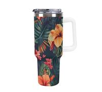 SMAZDFXX Mug isotherme en acier inoxydable imprimé en 3D avec motif hibiscus tropical - Isolant et étanche - Paille et goupillon de nettoyage inclus - Idéal pour la voiture (1,2 L)
