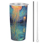 SMAZDFXX Mug isotherme JellyThe Fish, motif peinture à l'huile, pour café et thé - Maintient la température - Isolation en acier inoxydable, design élé et couvercle étanche, 590 ml