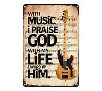 SMAZDFXX Panneaux en métal drôles avec musique « Je loue Dieu, ma vie, adore-le », guitare, décoration rétro, art chic, décoration murale, plaque en fer pour chambre, 20,3 x 30,5 cm