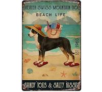 SMAZDFXX Plaque en métal vintage représentant un bouvier suisse et des orteils de sable sur la plage, idéale pour la salle de bain, le bureau, le bar, les cavernes, les cafés, les fermes, 20 x 30 cm