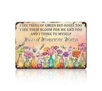 SMAZDFXX Quel monde merveilleux je vois des arbres de rose rouge verte aussi des fleurs panneau en métal maison jardin entrée cuisine bureau décoration murale 8x12 pouces