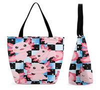 SMAZDFXX Sac cabas femme à carreaux bleus et noirs, motif axolotl mignon portant des lunettes, rayures ondulées pin, grande capacité, bandoulière, élégant, idéal pour le shopping et le travail