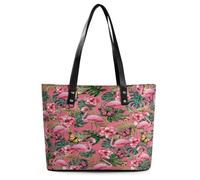 SMAZDFXX Sac cabas femme tendance en cuir, motif feuilles de palmier flamant rose et canard jaune, idéal pour le travail.