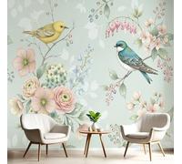 SMBHIAON 3D Papier Peint Illustration Florale D'Oiseau Papier Peint Petit Oiseau Perché Sur Une Branche Fleurie Pour Salon Chambre Chambre D'Enfant Décoration Murale (400×280 Cm,Vert Clair)