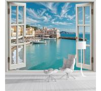 SMBHIAON 3D Papier Peint Panoramique Fenêtres Blanches Réalistes Soie - 200×140 CM Vue Du Port De La Ville Grandes Murales Poster Pour Géant 3D Salon, Adulte Chambre D'Enfants Étude Décoration Murale