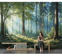 SMBHIAON 3D Papier Peint Paysage Forestier,Papier Peint Panoramique Grands Arbres Lumière Du Soleil Tachetée Pour Salon Chambre Chambre D'Enfant Décoration Murale (Vert Émeraude,400×280 Cm)