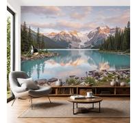 SMBHIAON 3D Papier Peint Paysage Montagne Enneigée Papier Peint Lacs Forêts De Pins Pour Salon Chambre Chambre D'Enfant Décoration Murale (400×280 Cm,Or Rose)