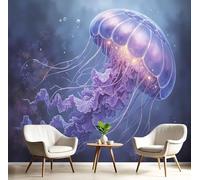 SMBHIAON 3D Papier Peint Vie Marine Papier Peint Méduse Violette Flottante Pour Salon Chambre Chambre D'Enfant Décoration Murale (450×315 Cm,Violet Clair)