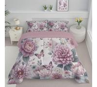 SMBHIAON Couette 140x200cm Poudre Blush Couette 4 Saisons en Microfibre 1 Personne avec Fleurs Roses Et Motifs Papillons Style Champêtre Couettes sans Housse, Lavable Machine et Taie d'oreiller
