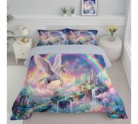 SMBHIAON Couette 200x200cm 4 Saisons Pégase Arc-en-Ciel Cité des Nuages, Couette Réversible Paysage De Conte De Fées, Édredon Lit 2 Personnes 200x200cm avec 2 Taie d'oreiller 65x65