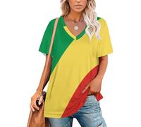 SMBHIAON Femmes Drapeau du Congo T-Shirt Mode Décontracté Col en V À Manches Courtes 3D Imprimé Patriotiques Été Hauts Basique T-Shirts