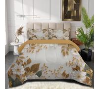 SMBHIAON Fleurs Luxe Couette 140x200cm,Or Couette Couverture Respirante et Super Douce pour 4 Saisons avec 1 Taies d'oreiller,Fleurs Blanches Feuilles Dorées Métallisées