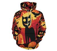 SMBHIAON Homme Sweats À Capuche 3D Chat Noir Effrayant d'halloween Vecteur De Dessin Animé Pull Imprimé À Manches Longues Sweatshirt avec Poches À Cordon,Sweatshirt Pull À Capuche Hip Hop Décontracté