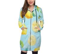 SMBHIAON Hoodie Femme Zippé À Capuche Long - Sweat Motif Citron Imprimé Mode S-5Xl,Imprimé Feuille De Citron Veste Décontractée avec Poches, Chaud pour Printemps Automne,Bleu Clair