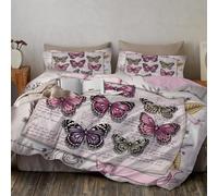 SMBHIAON Housse De Couette 140X200Cm Papillons Lettres Manuscrites, Illustrations Rétro Housse De Couette Réversible Ultra Douce Et Confortable pour Enfants Et Adultes, Parure avec 1 Taies d'oreiller