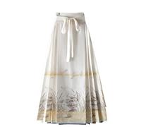 SMBHIAON Jupe À Visage De Cheval pour Femmes - Jupe Longue Trapèze Plissée À Imprimé Roseau Élégante, Vêtements Nationaux, Taille Élastique, Coupe Ajustée, Jupes Chinoises Mi-Longues, Abricot, XL
