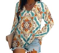 SMBHIAON Motif De Carreaux Marocains Oversize Très Large Couleur Orange Blouse Femme À Manches Longues Grande Motif Floral Géométrique Taille Decontractee Retro Haut Ample Souple Vêtement