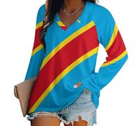 SMBHIAON Oversize Très Large Multicolore Blouse Femme À Manches Longues Grande Drapeau de la République démocratique du Congo Taille Decontractee Retro Haut Ample Souple Vêtement