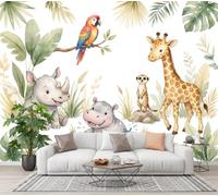 SMBHIAON Papier Peint Animaux Africains Panoramique 3D Hippopotame Girafe Papier Peint Vert Murale Salon Chambre à Coucher Maison Décoration Intérieure (200×140 cm)
