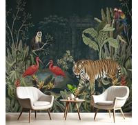 SMBHIAON Papier Peint Animaux Jungle350×256 Cm Vert Foncé Mur Tableaux Muraux Tapisserie Photo Décoration Murale Salon Chambre Tigre Flamant Rose Feuille Palmier