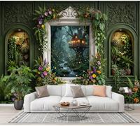 SMBHIAON Papier peint Cadre Fenêtre Forêt Mystérieuse 400×280 cm Vert Mur Tableaux Muraux Tapisserie Photo Décoration Murale Salon Chambre Cabane Dans Les Arbres Ruisseau Verdure