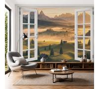 SMBHIAON Papier Peint Collines Vertes Maisons En Bois Panoramique 3D Vue Sur La Montagne Papier Peint Brun Doré Murale Salon Chambre À Coucher Maison Décoration Intérieure 400×280 Cm