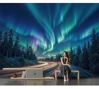 SMBHIAON Papier Peint Forêts Aurores Boréales Tapisserie Panoramique Grand 3D Merveilles Naturelles Vert Bleu Papier Peint Soie Pour Salon Chambre Chambre D'Enfant Décoration Murale, 350×256 Cm