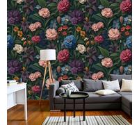 SMBHIAON Papier Peint Œillets D'Inde À Branches Et Feuilles Violettes Tapisserie Panoramique Grand 3D Vue Sur Le Jardin Vert Sauge Papier Peint Soie Pour Salon Chambre Décoration Murale, 150×105 Cm