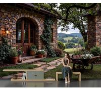 SMBHIAON Papier Peint Maisons Et Jardins Pierre Tapisserie Panoramique Grand 3D Paysages Campagne Française Brun Papier Peint Soie Pour Salon Chambre Chambre D'Enfant Décoration Murale, 350×256 Cm