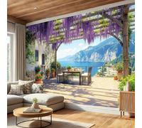 SMBHIAON Papier peint Méditerranée Romantique 400×280 CM Violet Mur Tableaux Muraux Tapisserie Photo Décoration Murale Salon Chambre Terrasse Avec Tables Et Chaises Wisteria