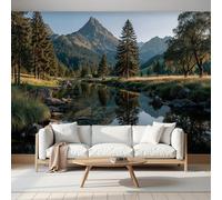 SMBHIAON Papier Peint Mural 3D Décor À La Maison Paysage De Forêt Naturelle Sommets Montagneux Reflets Du Lac 3D Photo Papier Peint Pour Salon Chambre,400×280 Cm,Vert Foncé