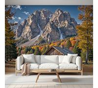 SMBHIAON Papier Peint Mural 3D Décor À La Maison Paysage Montagne Naturel Hautes Montagnes Scène Cabane En Bois 3D Photo Papier Peint Pour Salon Chambre,450×315 Cm,Jaune Doré