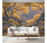 SMBHIAON Papier Peint Mural 3D Décor À La Maison Scènes D'Automne Arbres Scène Du Cygne 3D Photo Papier Peint Pour Salon Chambre,300×210 Cm,Jaune