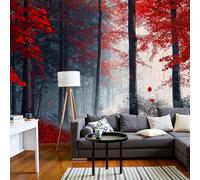 SMBHIAON Papier Peint Mural 3D Décor À La Maison Style Forêt Mystérieuse Brume Forêt D'Érables Rouges 3D Photo Papier Peint Pour Salon Chambre,300×210 Cm,Rouge Foncé