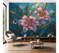 SMBHIAON Papier Peint Panoramique 300×210 cm Fleurs En Vitrail Lys Roses Décoration Murale Poster Bleu-Vert Fresque Murale Salon Chambre Á Coucherr Bureau Salle