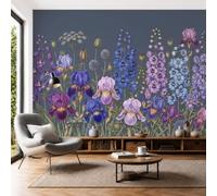 SMBHIAON Papier Peint Panoramique 300×210 Cm Plantes De Jardin Iris Coquelicot Décoration Murale Poster Violet-Bleu Fresque Murale Salon Chambre Á Coucherr Bureau Salle