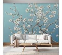 SMBHIAON Papier Peint Panoramique 350×256 Cm, Illustrations Minimalistes Mur Papier Peint, Sculpture 3D De Fleurs D'Abricotier Décoration Revêtement Mural, Pour Cuisine,Bleu Clair