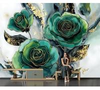 SMBHIAON Papier Peint Panoramique 3D Rose Verte En Feuille D'Or 250×175 Cm, Revêtement Décoration Murale Salon Motif Floral Élégant,Décoration Xxl Murale Non Tissé Chambre Tv Mur