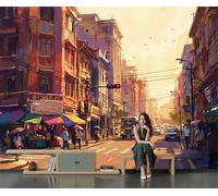 SMBHIAON Papier Peint Panoramique 3D Rue Sunset City 400×280 Cm, Revêtement Décoration Murale Salon Peinture À L'Huile Impressionniste,Décoration Xxl Murale Non Tissé Chambre Tv Mur