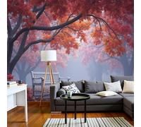 SMBHIAON Papier Peint Panoramique 3D Soie,250×175 Cm,Scènes D'Automne, Érable Motif De Banc Blanc,Grande Mural, Pour Salon,Chambre D'Enfant,Chambre Décoration Poster Papier Peint,Rouge